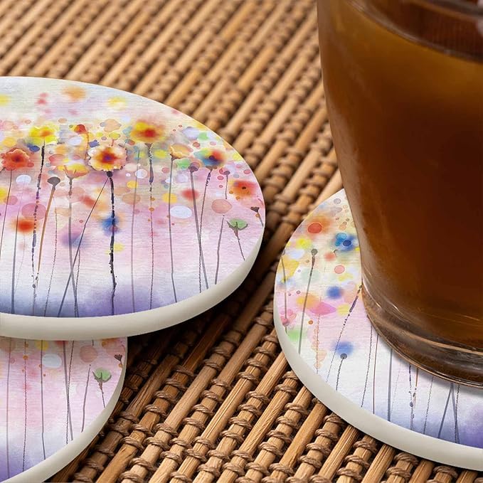 Watercolor Floral Coasters for Drinks Office Coffee Table Spring Flowers Soft Color Purple Pink Poppy Bloom Living Room Decor Set of 2 for Cold Drinks Wine Mugs and Cups 4 Inch