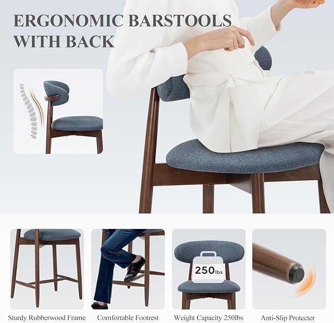 COLAMY Upholstered Counter Height Bar Stools, Kitchen Island Chairs with Back, Modern Counter Stools with Wood Legs for Kitchen Dining Room, Blue