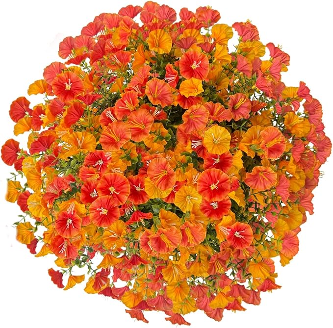Artificial Hanging Faux Flowers Basket, Fake Silk Petunias Plants Arrangement,for Summer Fall Outdoor Decoration,UV Resistant, Morning Glorias,for Home Garden Decor (Orange&Yellow)