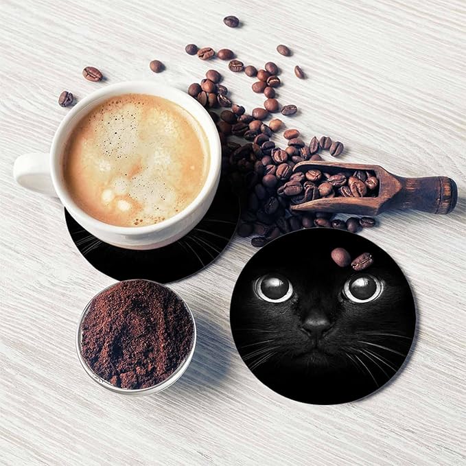 Black Cat Eyes in Dark Coasters for Drinks Lonely Black Kitten Closeup Look Cool Domestic Breed Pet for Tabletop Protection Coffee Table Living Room Kitchen Office Home Decor 2 Pcs,4 Inch