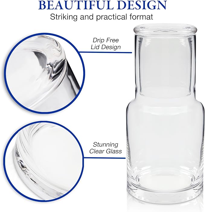 Bedside water carafe and glass set or mouth wash container for bathroom, drip free water carafe with glass cup for nightstand, modern carafe pitcher with cup