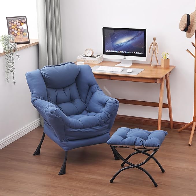 Lazy Chair and Ottoman, Large Accent Lounge Chair with Armrests and a Side Pocket, Modern Leisure Upholstered Sofa Reading Armchair with Footrest for Bedroom, Living Room, Dorm Rooms, Office
