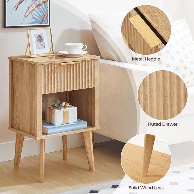 End Table, Fluted Night Stand, Modern Side Table, Bedside Table with 1 Drawer and 1 Open Compartment, Mid Century Nightstand, for Living Room, Bedroom, Study, Office, Natural ETNA6201