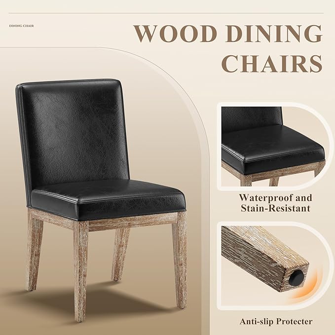 Wooden Dining Chairs Set of 6, Modern Leather Upholstered Dining Room Chair, Kitchen Side Chairs, Farmhouse Dinner Chair with High Back for Kitchen, Black