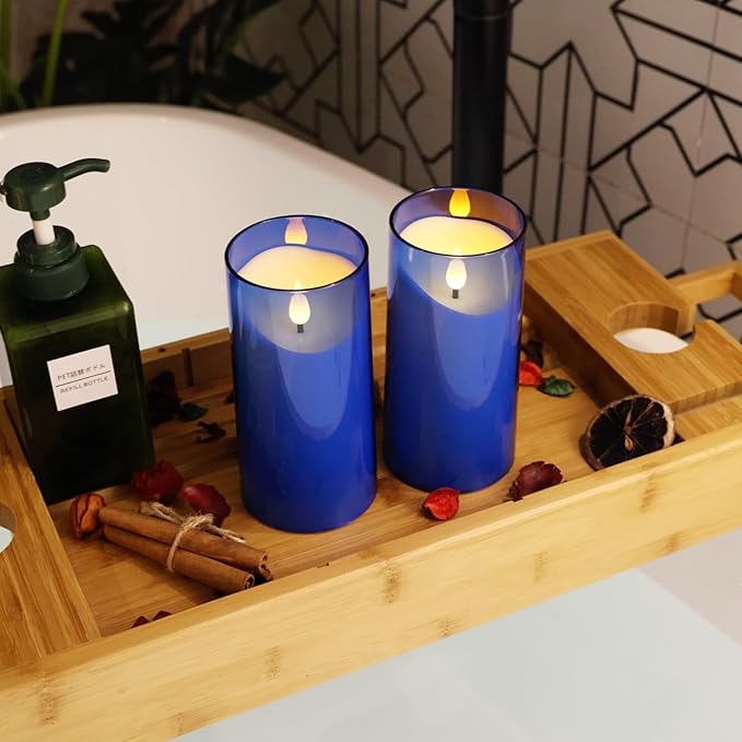 NURADA 3"x6"Flickering Flameless Candles: 3D Wick Acrylic Battery Operated LED Pillar Battery Candles with Remote and Timer for Decoration Wedding Party - 2 Pack Blue