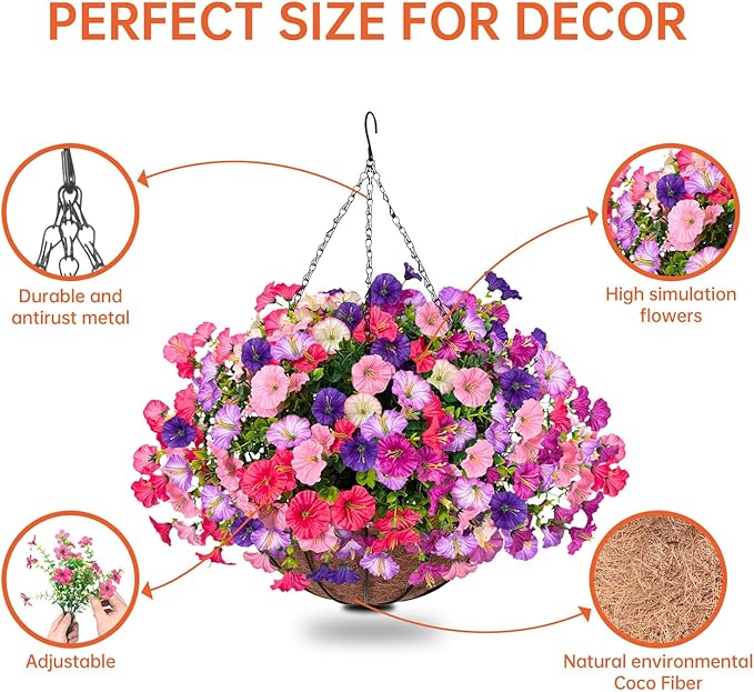 Artificial Hanging Faux Flowers Basket, Fake Silk Petunias Plants Arrangement,for Spring Summer Outdoor Decoration,UV Resistant, Morning Glorias,for Home Garden Decor (PinkPurple)