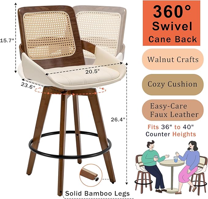 Set of 2 Mid Century Modern Counter Stools - 26.4 inch Rattan Swivel Counter Stools with Cane Back, Upholstered Faux Leather, Walnut Craftsmanship, Ideal for Island/Pub/Kitchen(26" Seat Height, Beige)