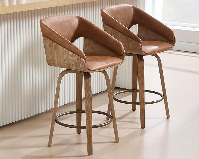 HNY 26 Inch Swivel Bar Stools with Back Set of 2, Brown Faux Leather Upholstered Counter Height Barstools with Solid Bentwood Frame, Round Footrest, Modern Barrel Counter Stools for Kitchen Island