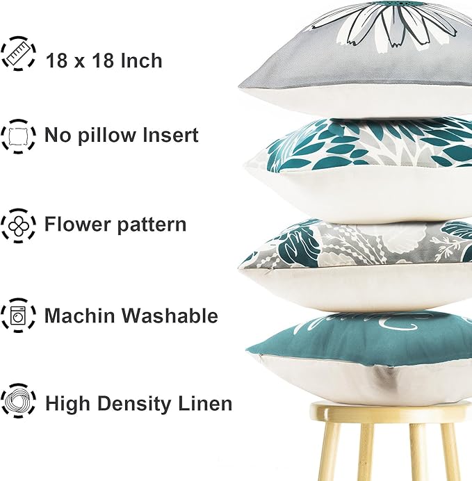 Decorative Throw Pillow Covers Set of 4 Green Pillow Covers 18x18 inch Farmhouse Throw Pillow Cover Linen Square Pillowcase Cushion Cases, Boho Pillow Covers for Couch Sofa Outdoor Home