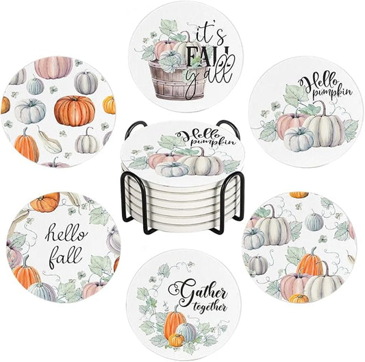 Fall Drink Absorbent Coasters with Holder Set of 6, Ceramic Stone with Cork Base, Watercolor Blue and Orange Pumpkin Pattern Coaster for Drinks, Gift for Housewarming Room Bar Home Decor Kitchen