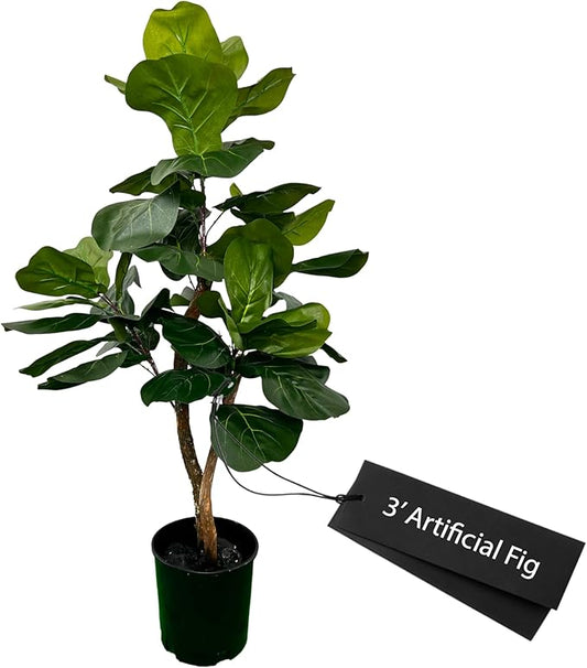 Cypress & Alabaster Handmade 3ft Fiddle Leaf Fig Ficus Lyrata Artificial Tree with Ethically Sourced Real Wood Trunks, Hypoallergenic, 3-Foot, Green