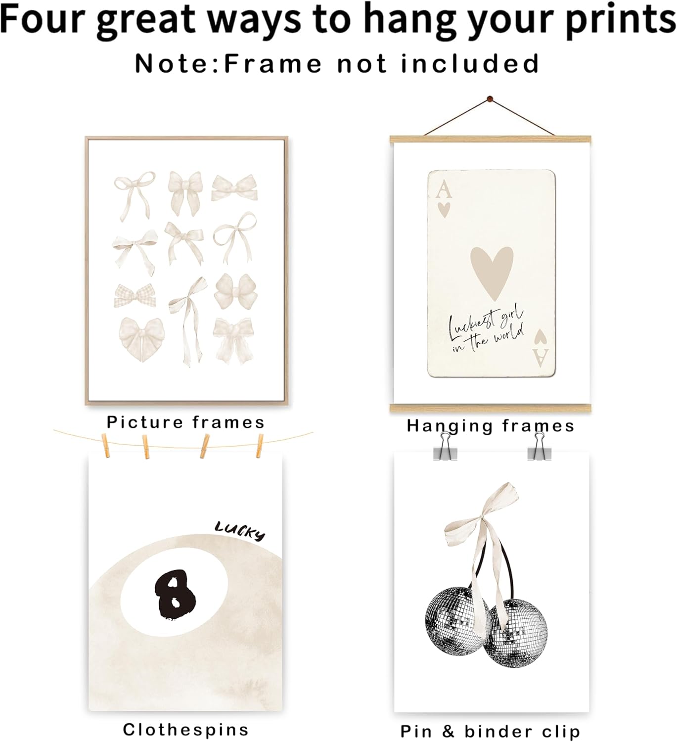 Beige Coquette Trendy Preppy Wall Art Prints Set of 4,Coquette Room Decor, Preppy Room Decor Aesthetic,Beige Bow Disco 8 Ball Cherry Wall Decor Posters for Girls Bedroom Dorm, 12x16 Unframed