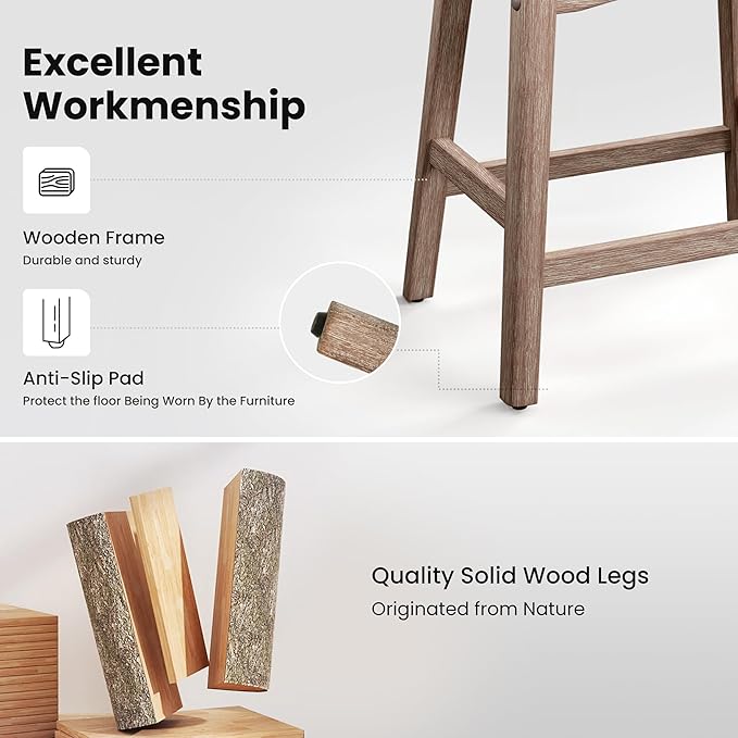 PHI VILLA Farmhouse Bar Stools Set of 2 - Wood Bartools with Upholstered Saddle Seat, 24 inch stools for Kitchen Counter Set of 2