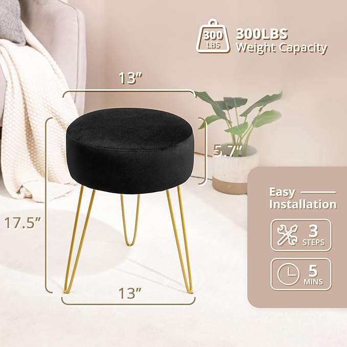LUE BONA Vanity Stool, Black Vanity Stools for Makeup Room, Round Ottoman Foot Stool, Velvet Footrest Vanity Chair for Bathroom Vanity, Bedroom, Living Room, Entryway, Offices