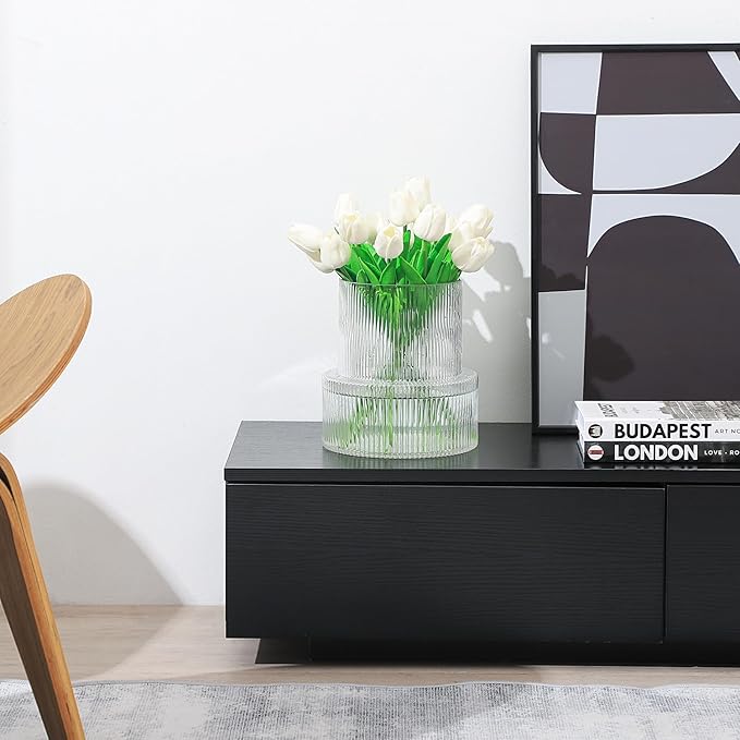 Ribbed Glass Vase, Large Glass Vase for Flowers, Fluted Glass Vases, Clear Glass Vases for Living Room, Office, Dining Table, Entryway, Mantle, Shelf, Wedding, 9 Inches