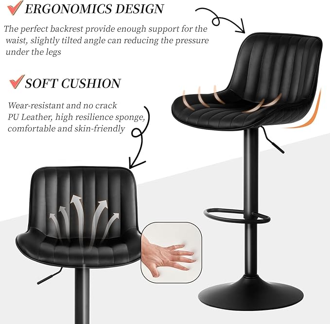 YOUNUOKE Black Bar Stools Set of 2 Adjustable Counter Height Stools Modern Swivel Barstools with Backs Mid Century PU Leather Upholstered Bar Chairs for Kitchen Island