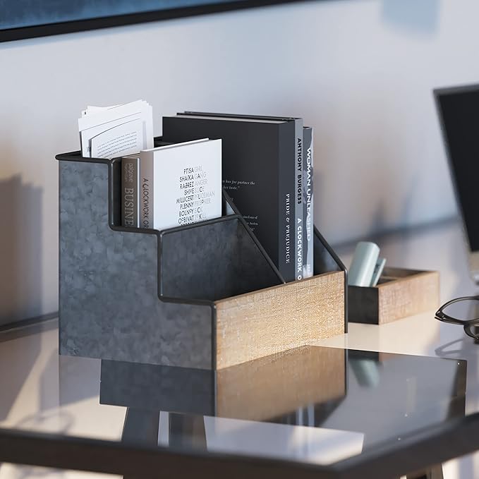 HBCY Creations 3 Piece Galvanized Metal Desk Organizer Set - Rustic Mail Organizer For Desktop - Great For Industrial Home Decor! Makeup Organizer For Vanity