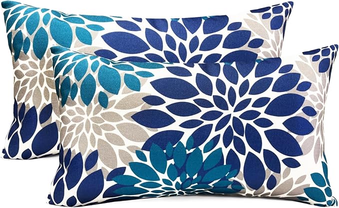 Decorative Throw Pillow Covers Set of 2 Blue Pillow Covers 12x20 Inch Couch Pillow Covers for Sofa Living Room Outdoor Throw Pillow Cover Linen Square Floral Flower Farmhouse Pillowcase