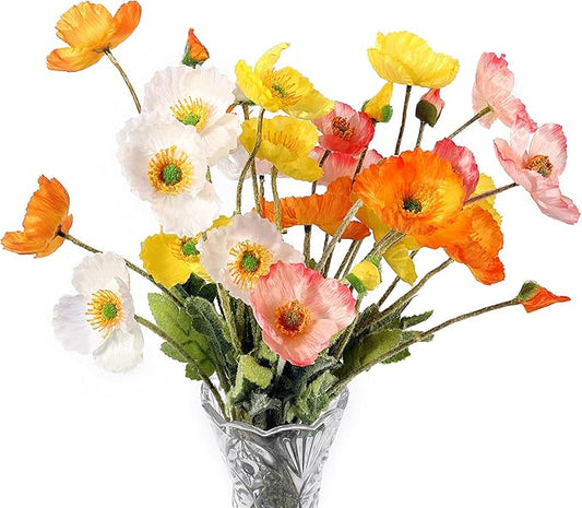 Artificial Poppy Flowers, 8 Bundles Faux Poppies with Stems for Floral Arrangements - Wedding, Home, Office, Party Table Centerpiece Decor