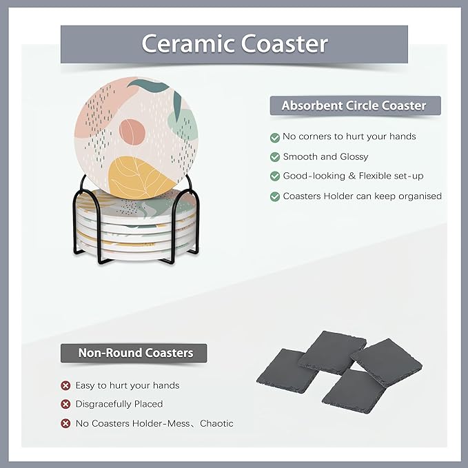 Drink Coasters Set of 6 with Holder,Abstract Dots and Leaves Absorbent Ceramic Coasters with Cork Base,Fit All Cups,Tabletop Protection Mat for Mugs and Cups,Office,Kitchen