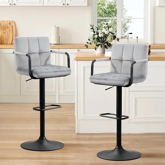 Furniliving Bar Stools Set of 2 with Armrest, Adjustable Square Velvet Barstools for Kitchen Counter, 360°Swivel Counter Barstools for Dining Room(Grey)
