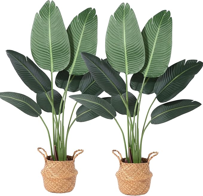Artificial Bird of Paradise Plants 4 Ft Fake Tropical Palm Tree with 8 Trunks in Pot and Woven Seagrass Belly Basket Perfect Faux Plant for Home Indoor Outdoor Office Modern Decor Green 2Pc