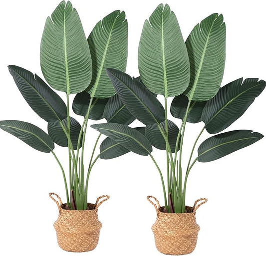 Artificial Bird of Paradise Plants 4 Ft Fake Tropical Palm Tree with 8 Trunks in Pot and Woven Seagrass Belly Basket Perfect Faux Plant for Home Indoor Outdoor Office Modern Decor Green 2Pc