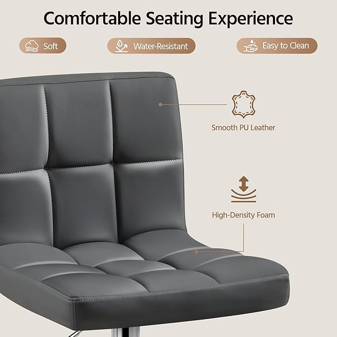 Yaheetech Bar Stools Set of 4, Adjustable Swivel Barstools with High Backrest, PU Leather Kitchen Island Chairs, Thickened Seat Cushion Counter Height Barstools, Grey