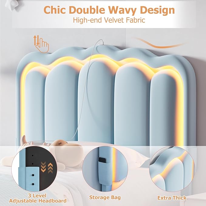 Twin Upholstered LED Bed Frame with Storage Drawer and Adjustable Chic Double Wavy Headboard, Velvet Princess Platform Bed for Kids/Girls, Solid Wood Slats Support, No Box Spring Needed, Blue