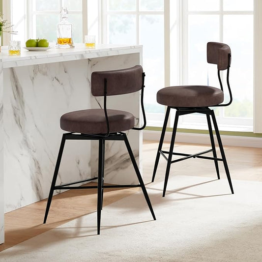 Bar Stools Set of 2, Swivel Counter Height Bar Stools with Back, 27 Inch Brown PU Leather Upholstered Kitchen Bar Chairs for Kitchen Counter Island, Dining Chairs with Footrest Metal Legs