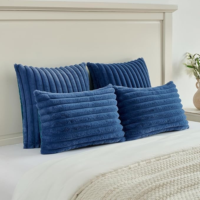 FUTEI Navy Blue Striped Decorative Throw Pillow Covers 12x20 Inch Set of 2,Rectangle Fall Decorations Couch Lumbar Pillowcase,Soft Cozy Faux Rabbit Fur & Velvet Back,Modern Home Decor for Bed