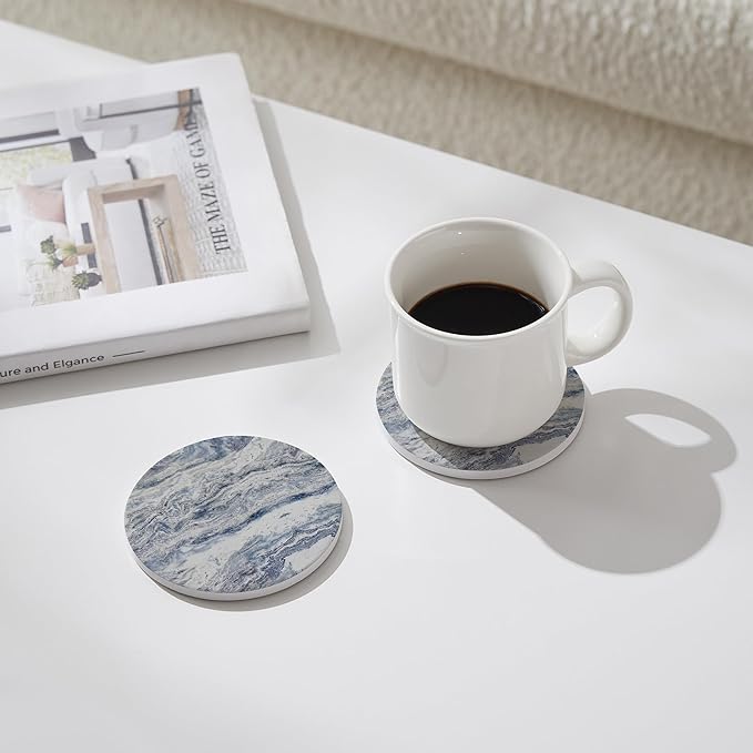 Set of 6 Navy Abstract Onyx Marble Coasters with Holder, Absorbent Ceramic Coasters for Drinks, Coasters with Cork Backing for Table Protection, Coffee Table Decor