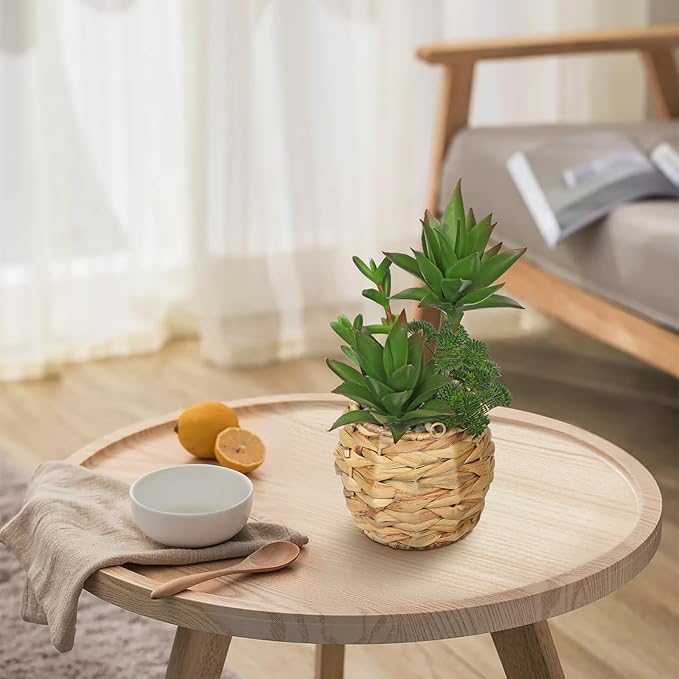 10" Large Succulents Plants Artificial in Wooden Pots, Fake Succulents in Woven Pots, Faux Succulent Artificial Plants Indoor for Home, Bedroom, Living Room, Bathroom Desk Shelf Table Decor