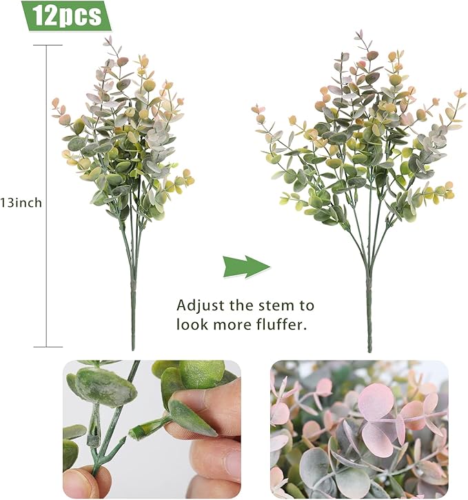 RECUTMS 12 Bundles Artificial Bushes Greenery Plants Stems Faux Shrubs Boxwood Plants Outdoor UV Resistant Fake Eucalyptus for Farmhouse Home Wedding Patio Backyard Indoor Outdoor Decor(Dusty Pink)