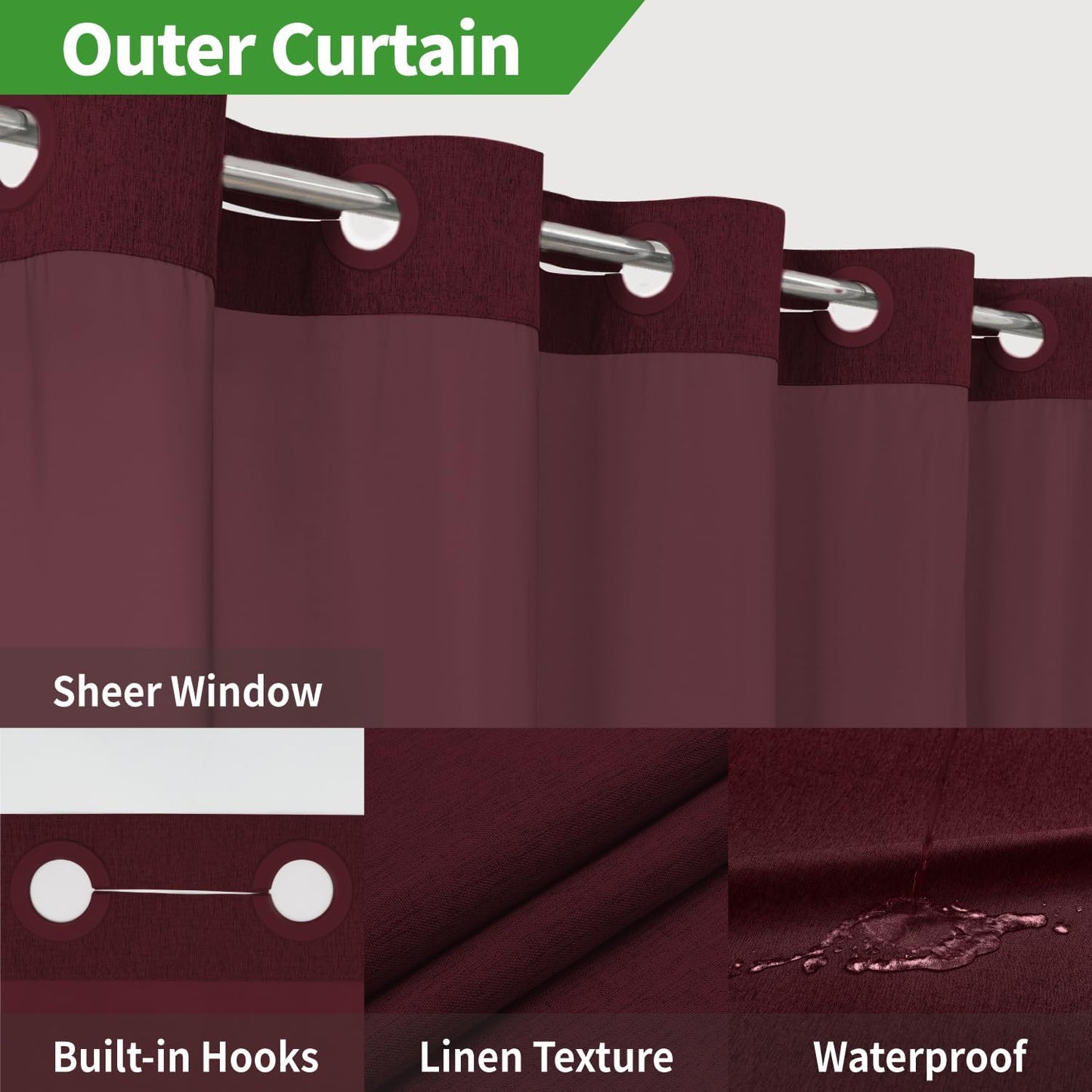 No Hooks Needed Linen Textured Shower Curtain with Snap-in Fabric Liner Set,Hotel Luxury Decor Shower Curtains for Bathroom with Mesh Top Window,Waterproof & Washable,71Wx74H,Burgundy