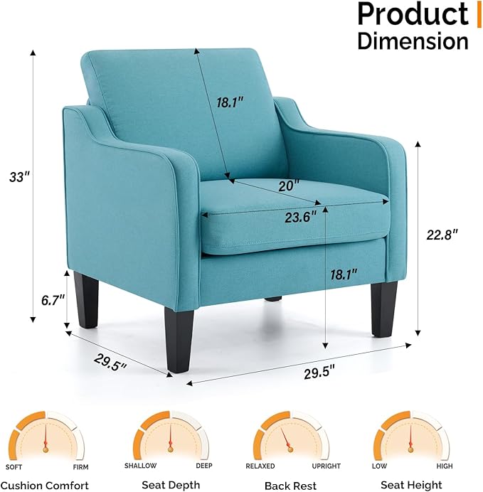 VINGLI Accent Chairs Set of 2 Living Room Chairs Teal Blue Reading Chair for Bedroom Scooped Arm Chair Mid Century Modern Accent Chairs Upholstered Comfy Chair for Apartment, Waiting Room