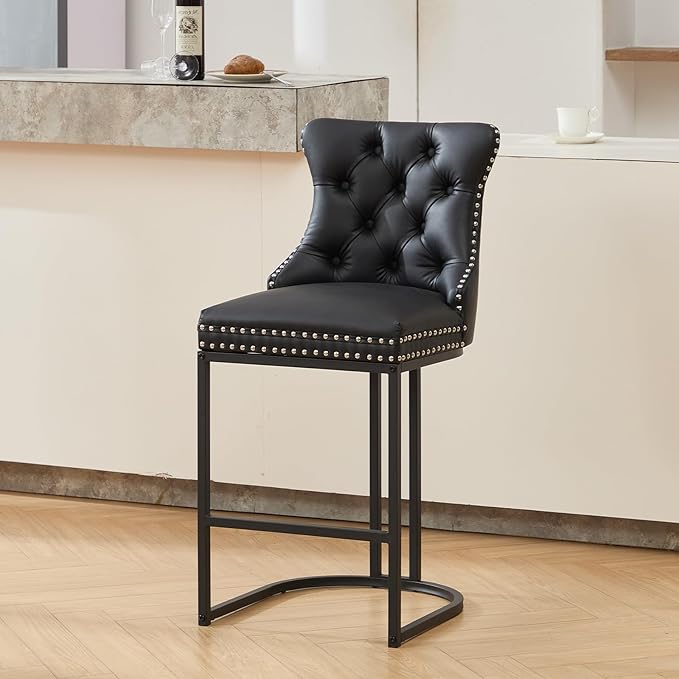 UVV Counter Height Bar Stools Set of 1, 26" Modern Barstools with Back, Faux Leather Upholstery Counter Chairs with Metal Legs for Kitchen Island, Bar, Counter, Black