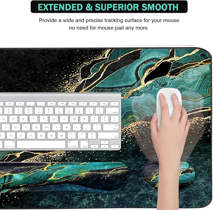 Keyboard Mouse Pad Set, Extended Mouse Pad+Keyboard Wrist Rest Support, Memory Foam Ergonomic Easy Typing, 3Pcs (35.4×15.7 in) Desk Pad Set for Home Office Study Game - Malachite Marble
