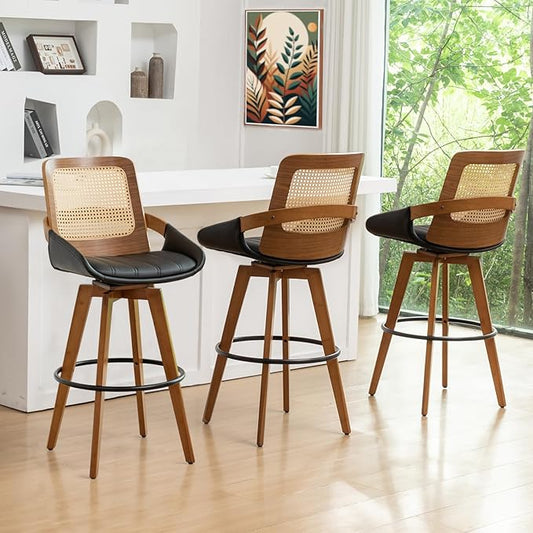 Mid Century Modern Counter Stools - 29.5 inch Swivel Rattan bar stools with Cane Back, Upholstered Faux Leather, Walnut Craftsmanship (Walnut Black, Set of 3/30 inch)