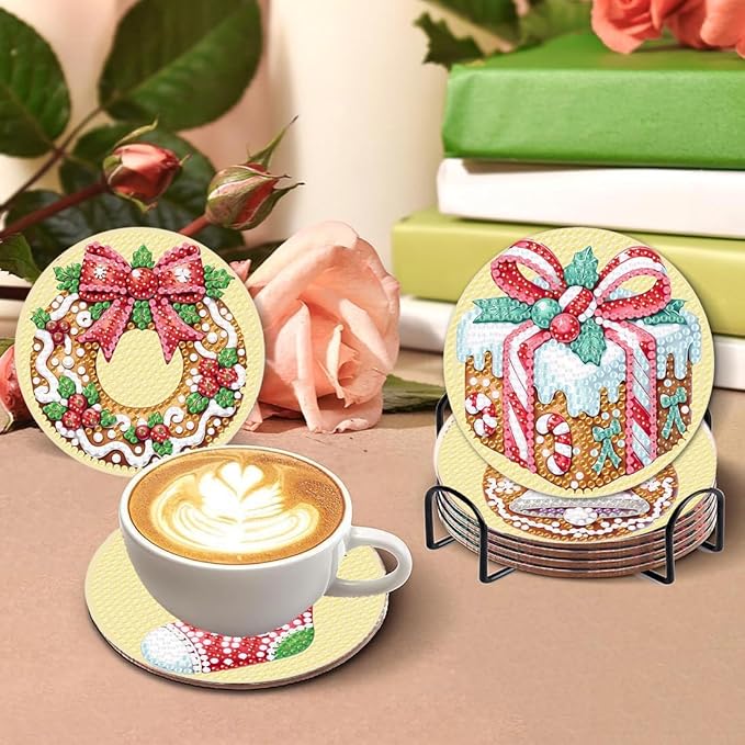 eniref 8 Pcs Christmas Diamond Art Coasters Kits with Holder, Gingerbread Snowman 5D DIY Diamond Pinting Coasters Acrylic Round Cup Coaster with Cork Pads for Tabletop Protection 10×10 CM