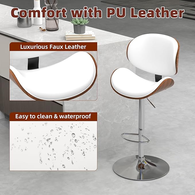 civama Bar Stools Set of 4 for Kitchen Counter, Adjustable Bar Height Chairs, Modern Swivel Barstools with Bentwood Seat and Back with Footrest for Kitchen Island, Dining Room, White PU Leather