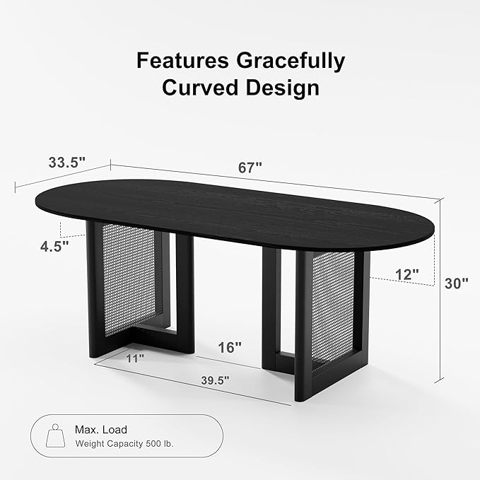 Casaphoria 67" Dining Table for 6, Wood Kitchen Table with Scratch-Resistant Top & Rattan Base, Modern Farmhouse Oval Dining Table for Living Room, Kitchen, Easy Assembly, Black