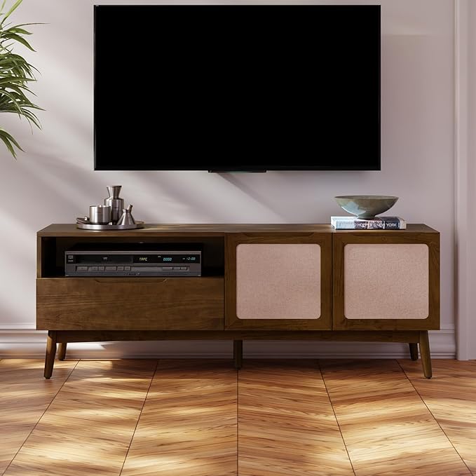 Bme Calista TV Stand 1 Drawer 2 Door – Chestnut Finish Media Console with Open Shelf & Fabric Panel Doors, Mid-Century Modern Style with Tapered Legs, Easy Assembly