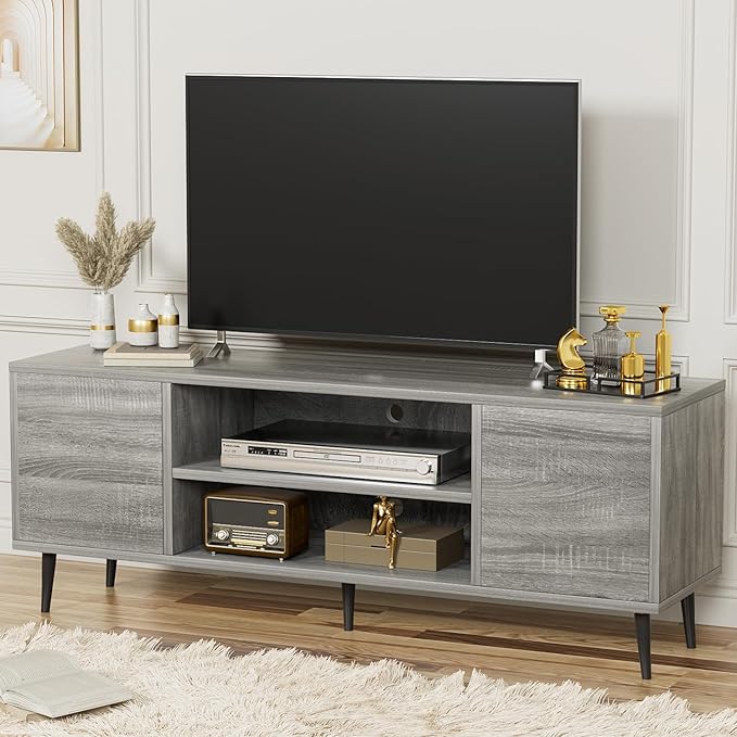 YESHOMY Modern TV Stand for 65" Television, Entertainment Center with Two Storage Cabinets, Retro Style Media Console for Living Room, Bedroom, Office, 58 Inch, Gray