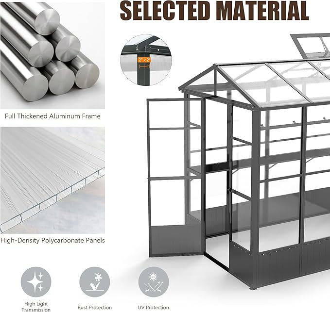 Domi 8x10FT Greenhouse, Polycarbonate Green House with Fully Auto Temperature Control Vent, Outdoor Full Aluminum Heavy Duty Greenhouse with Extra 8FT Walk-in Height for Garden Backyard, Dark Grey
