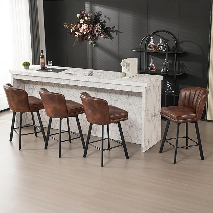 Swivel Counter Height Bar Stools Set of 4, 26'' Modern Barstools with Backs and Metal Legs, Upholstered Bar Chairs, Faux Leather Brown Stools for Kitchen Island Chairs