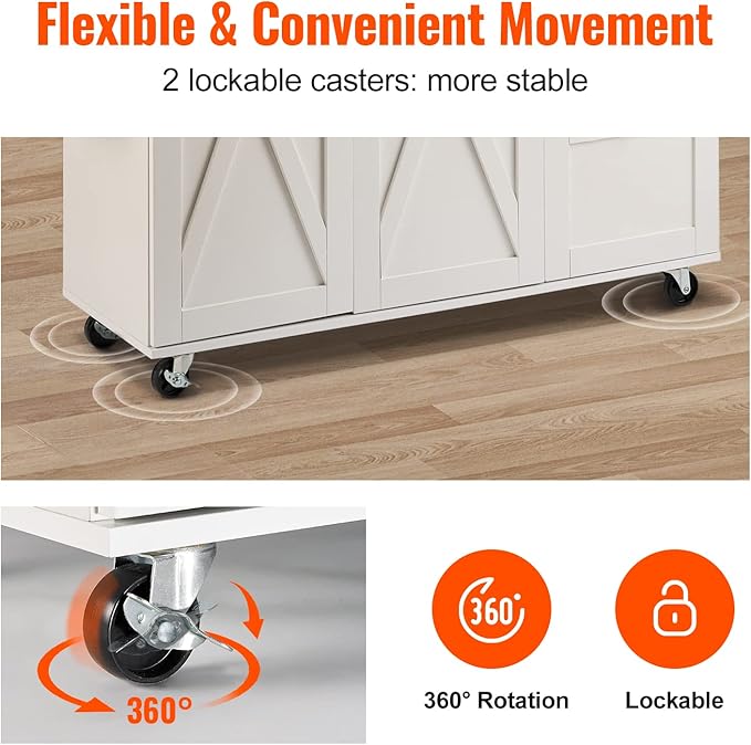 VEVOR Kitchen Island Cart with Solid Wood Top, 35.4" Width Mobile Carts with Storage Cabinet, Rolling Kitchen Table with Spice Rack, Towel Rack, Drop Leaf and Drawer, Portable Islands on Wheels, White