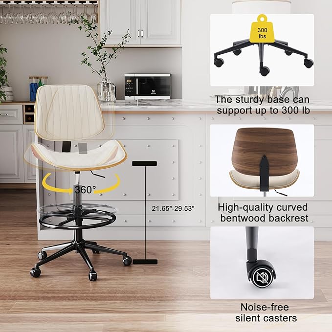 Drafting Home Office Chair, Swivel Desk Chair with Bend Wood Backrest, Ergonomic Office Chairs with Adjustable Height and Footrest Ring for Bar Lab Counter Height Desk and Drawing, Ivory