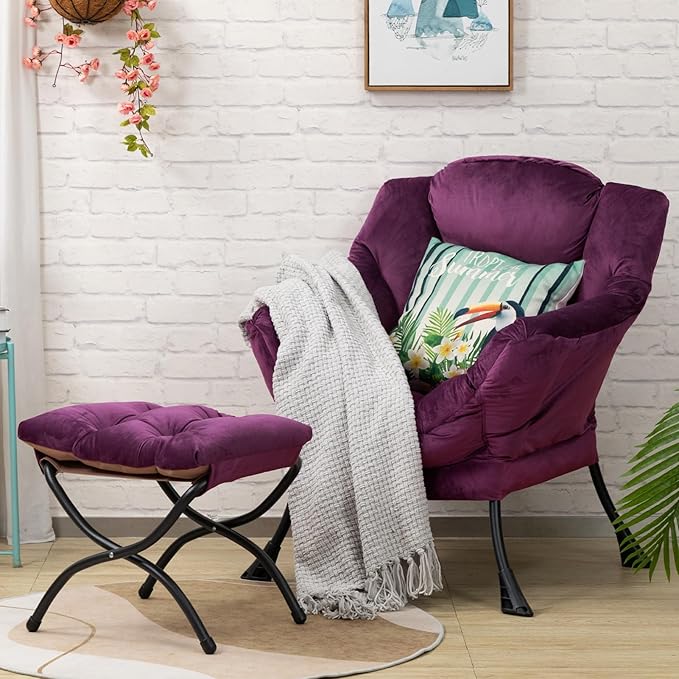 HollyHOME Fabric Lazy Chair with Foldable Ottoman, Accent Comfy Lounge Arm Chair and Folding Footrest Stool Set, Leisure Sofa Reading Chair and Footstool for Living Room, Bedroom, Dorm, Deep Purple