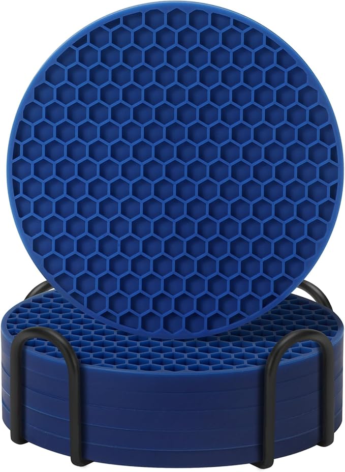 Coasters Set of 6 with Holder,Coasters for Drinks,Coffee Table Decor Coaster,Suitable for Kinds Cups,Anti-Slip,Non-Stick,Silicone Cup Coaster and Living Room Decor (6 Pcs, Navy Blue)